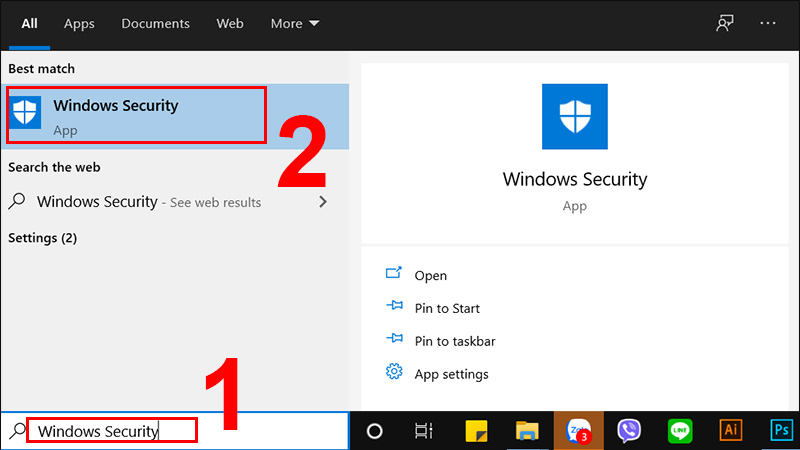 Nhập &rdquo;Windows Security&rdquo; v&agrave;o khung t&igrave;m kiếm